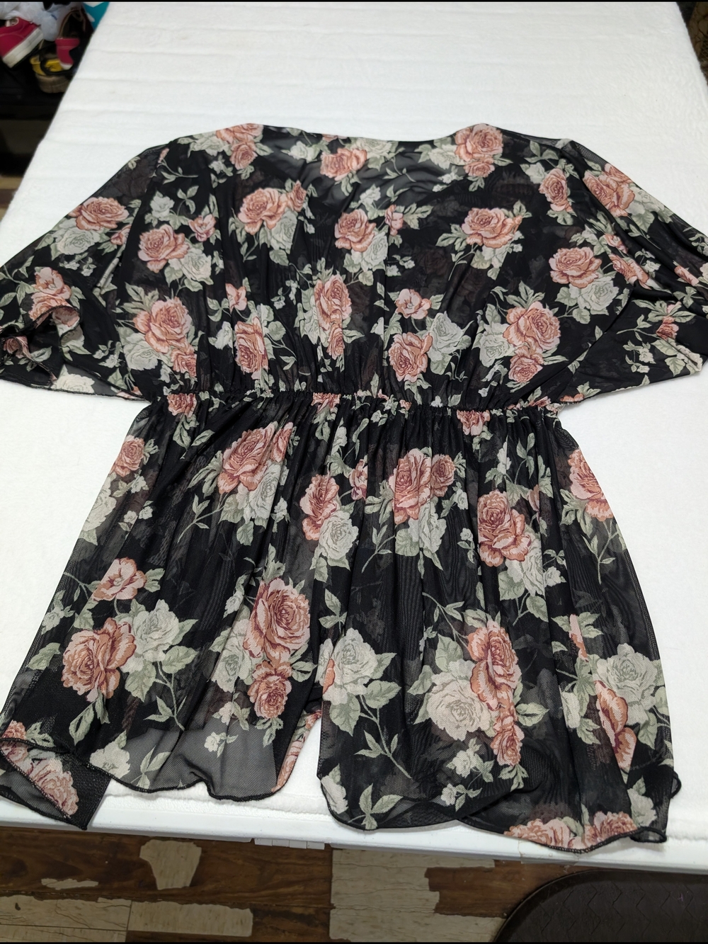Floral Sheer Black Blouse with Pink Rose Print Size 1x Whimsgoth - Picture 7 of 7